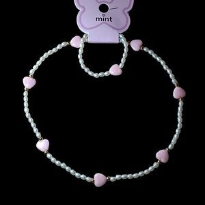 Mint Pink Heart Pearl Bead Necklace and Bracelet Set for Kids